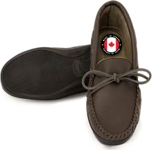 Laurentian Chief Moccasin with 8-Hole Collar for Men – Stylish and Comfortable House Slippers with Brown Rubber Sole – Leather Indoor and Outdoor Slippers