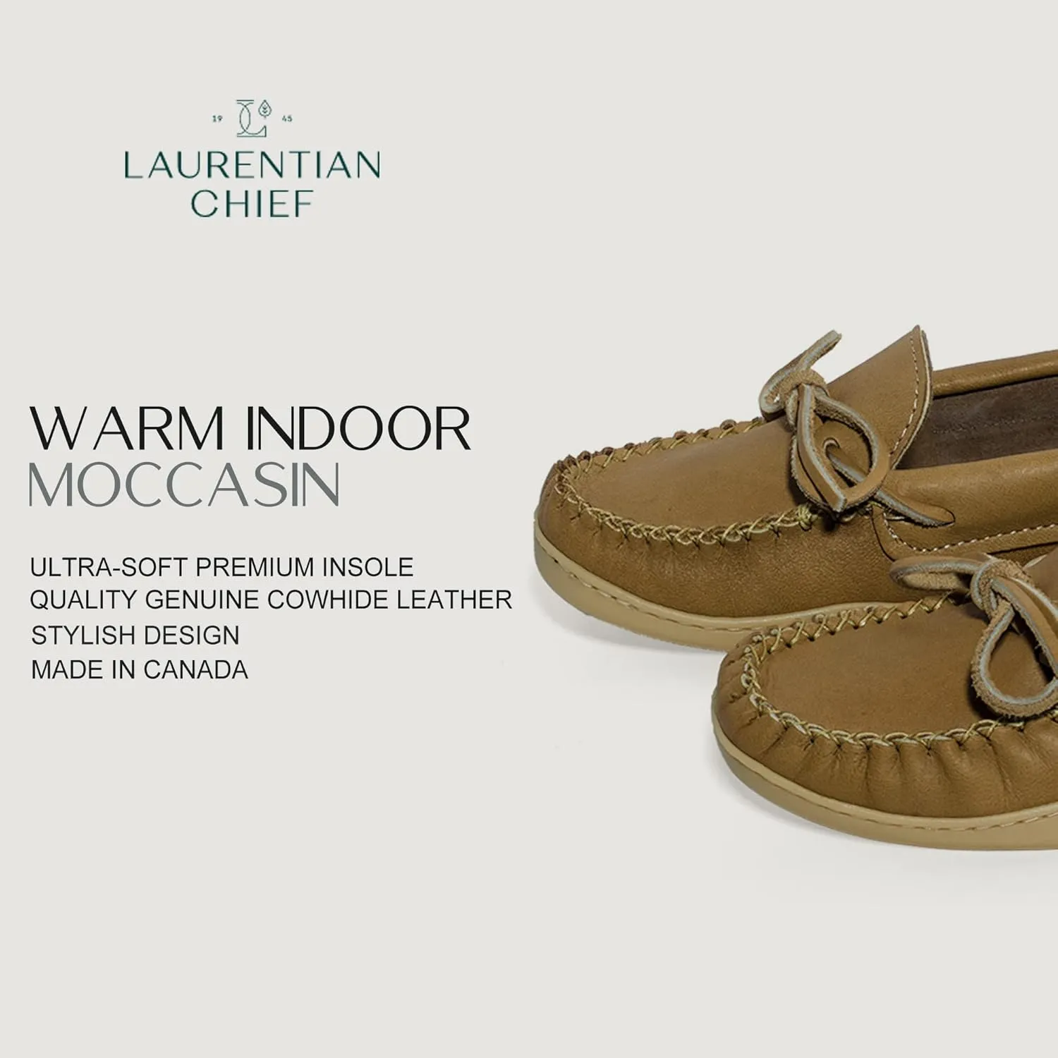 Laurentian Chief Moccasin with 8-Hole Collar for Men – Stylish and Comfortable House Slippers with Brown Rubber Sole – Leather Indoor and Outdoor Slippers