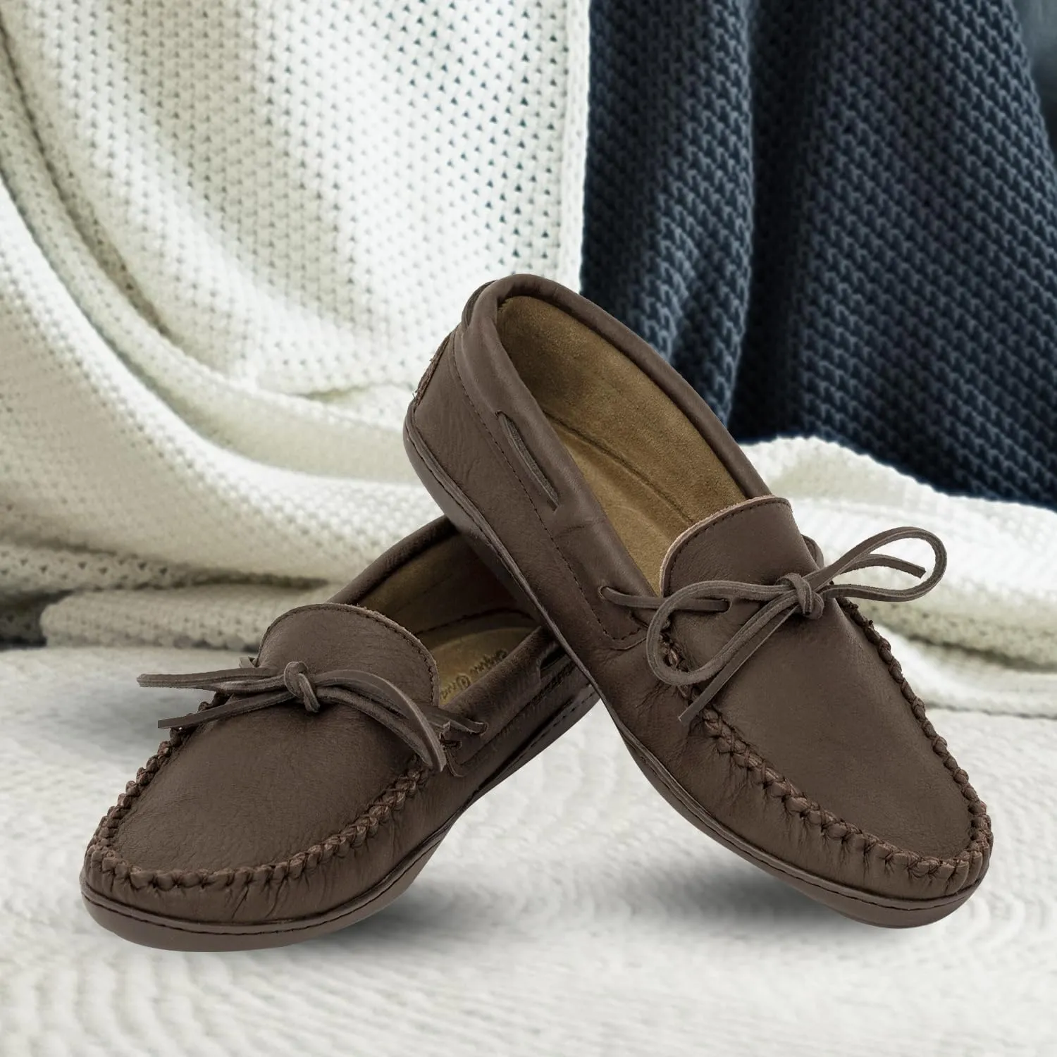 Laurentian Chief Moccasin with 8-Hole Collar for Men – Stylish and Comfortable House Slippers with Brown Rubber Sole – Leather Indoor and Outdoor Slippers