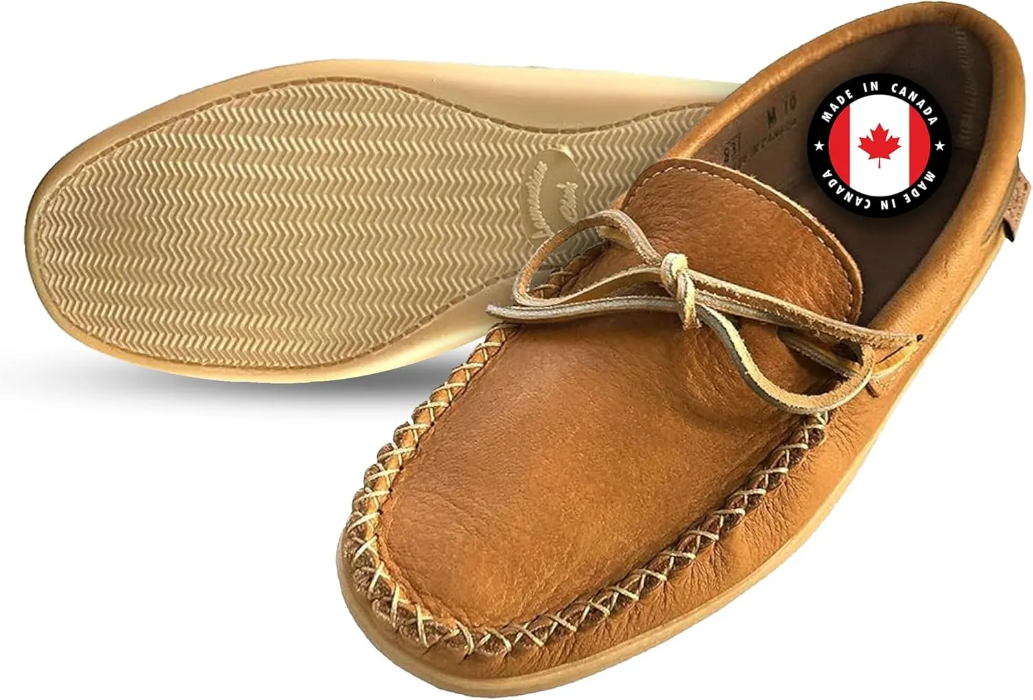 Laurentian Chief Moccasin with 8-Hole Collar for Men – Stylish and Comfortable House Slippers with Brown Rubber Sole – Leather Indoor and Outdoor Slippers