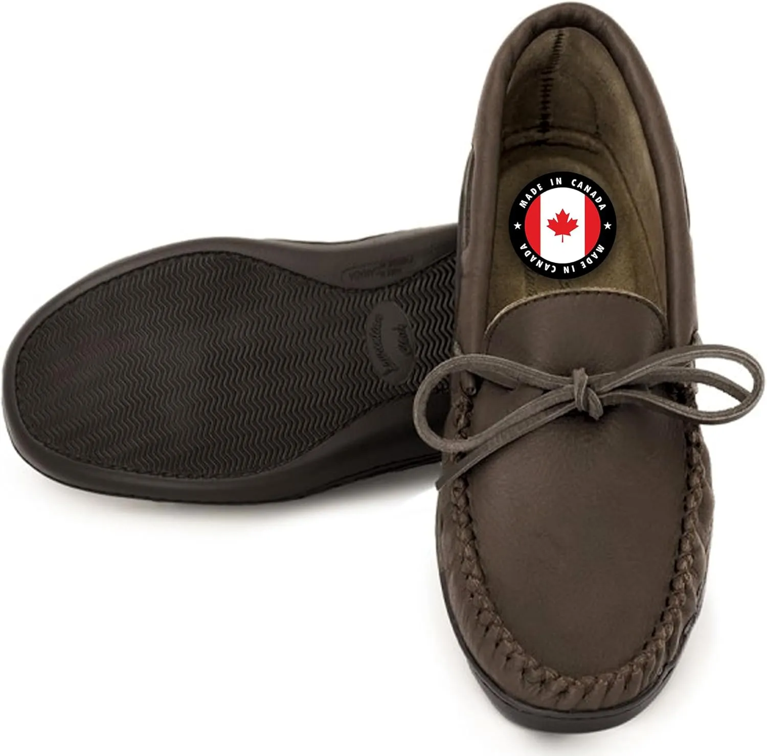 Laurentian Chief Moccasin with 8-Hole Collar for Men – Stylish and Comfortable House Slippers with Brown Rubber Sole – Leather Indoor and Outdoor Slippers
