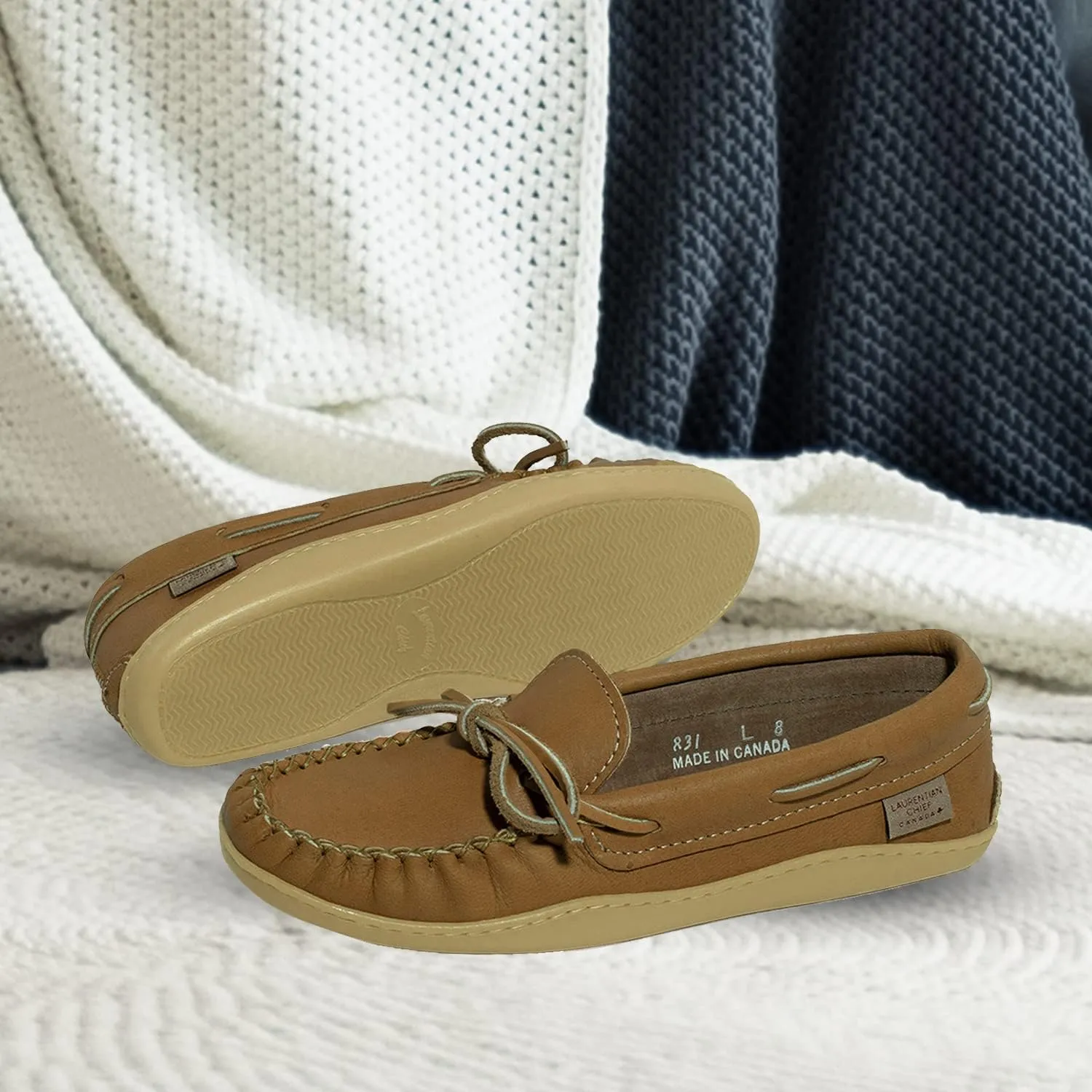 Laurentian Chief Moccasin with 8-Hole Collar for Men – Stylish and Comfortable House Slippers with Brown Rubber Sole – Leather Indoor and Outdoor Slippers
