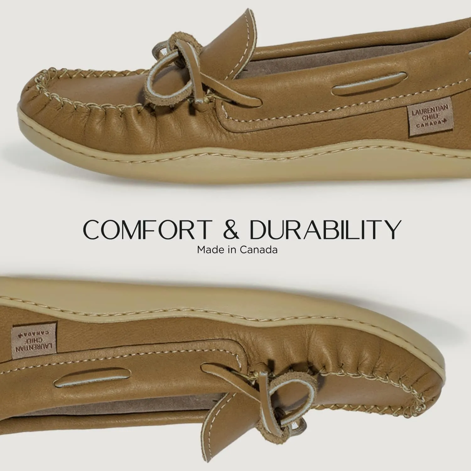 Laurentian Chief Moccasin with 8-Hole Collar for Men – Stylish and Comfortable House Slippers with Brown Rubber Sole – Leather Indoor and Outdoor Slippers