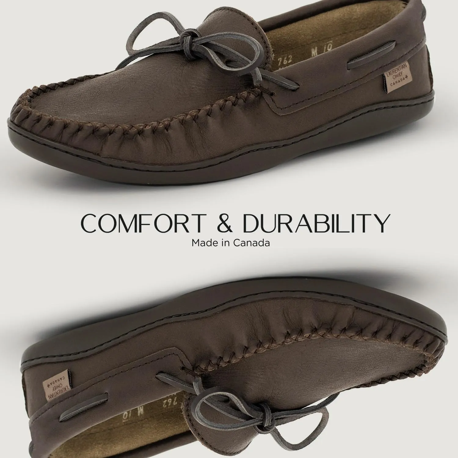Laurentian Chief Moccasin with 8-Hole Collar for Men – Stylish and Comfortable House Slippers with Brown Rubber Sole – Leather Indoor and Outdoor Slippers