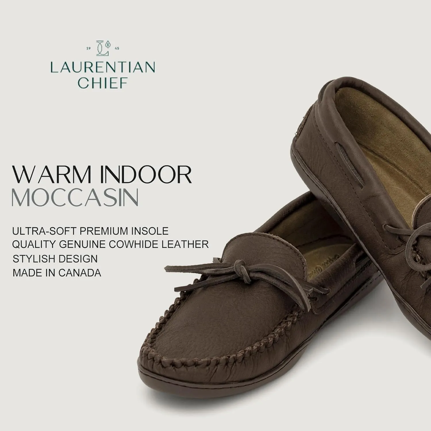 Laurentian Chief Moccasin with 8-Hole Collar for Men – Stylish and Comfortable House Slippers with Brown Rubber Sole – Leather Indoor and Outdoor Slippers