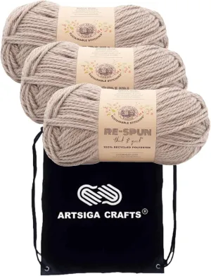 Lion Brand Knitting Yarn Re-Spun Thick & Quick Yarn Hazelwood 843-124 (3-Skeins) Same Dye Lot Weight S Bulky #6 Soft 100% Recycled Polyester with Knitting Project Bag