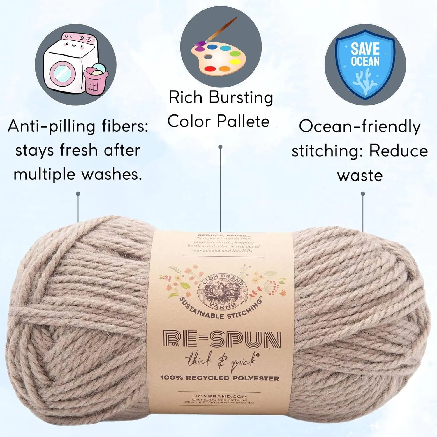 Lion Brand Knitting Yarn Re-Spun Thick & Quick Yarn Hazelwood 843-124 (3-Skeins) Same Dye Lot Weight S Bulky #6 Soft 100% Recycled Polyester with Knitting Project Bag