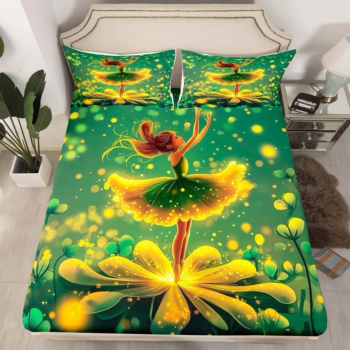 Little Ballet Girls Bed Sheets,Green Ballerina Girl Fitted Sheet Botancial Glitter Cute Ballet Girly Sheets,Full Size Bed Sheets for Bedroom Decor Chic Dress Bed Set