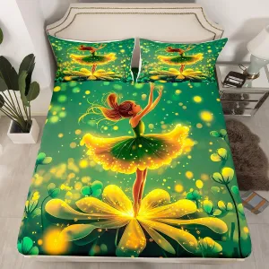 Little Ballet Girls Bed Sheets,Green Ballerina Girl Fitted Sheet Botancial Glitter Cute Ballet Girly Sheets,Full Size Bed Sheets for Bedroom Decor Chic Dress Bed Set