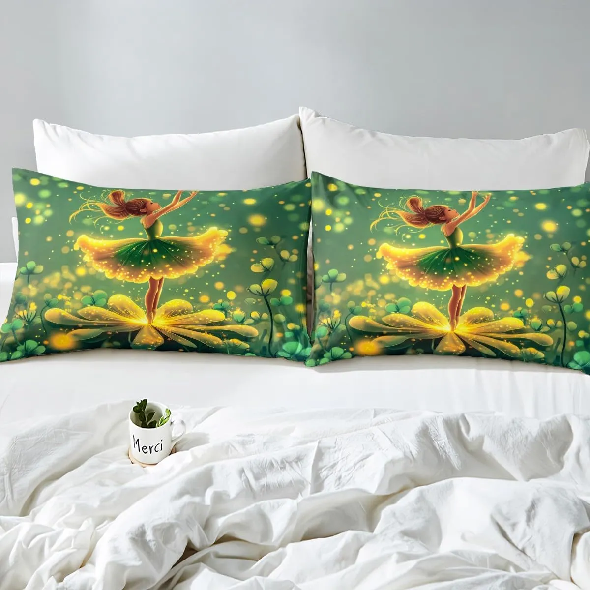 Little Ballet Girls Bed Sheets,Green Ballerina Girl Fitted Sheet Botancial Glitter Cute Ballet Girly Sheets,Full Size Bed Sheets for Bedroom Decor Chic Dress Bed Set