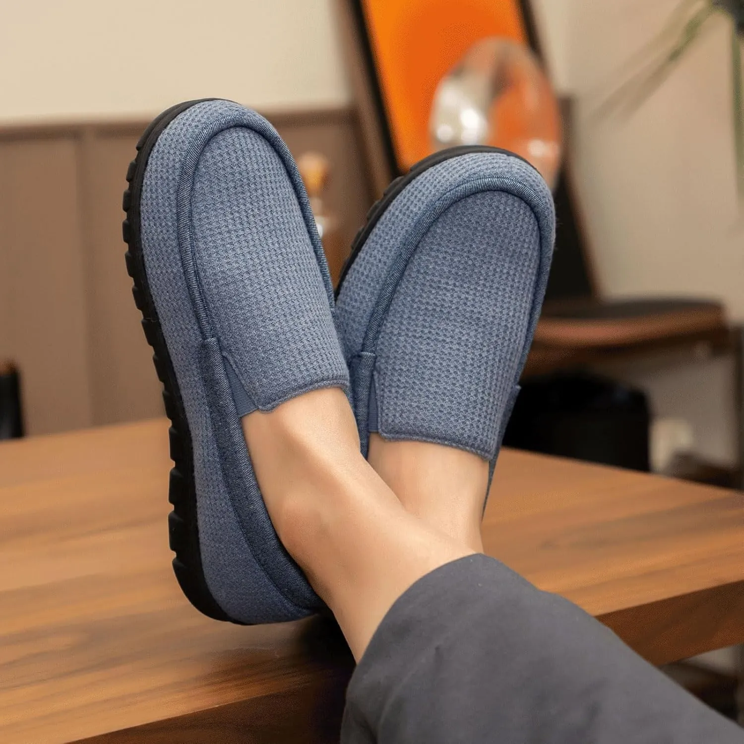 LongBay Men's Memory Foam Loafer Slippers Cozy Waffle Knit Slip on Moc House Shoes for Indoor Outdoor