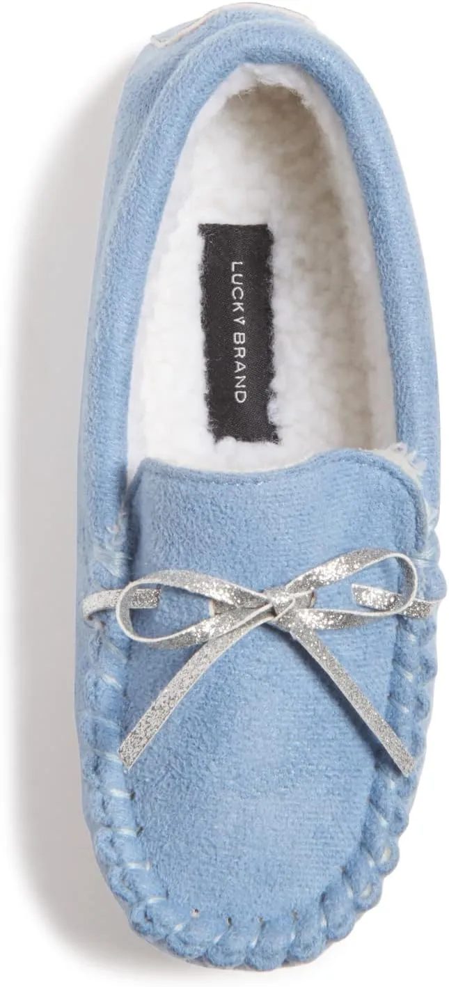 Lucky Brand Girls Plush Glitter Bow Moccasin Slippers, Rubber Sole Indoor Outdoor House Shoes, Kids Bedroom Slipper Moccasins