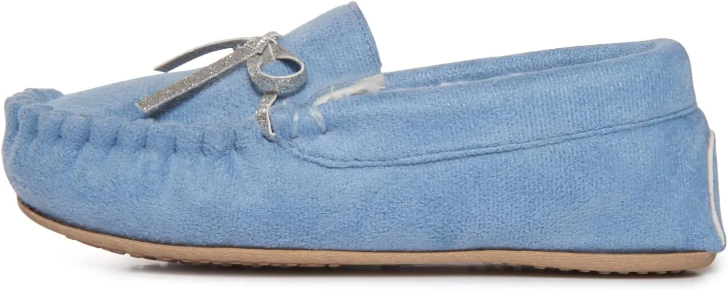 Lucky Brand Girls Plush Glitter Bow Moccasin Slippers, Rubber Sole Indoor Outdoor House Shoes, Kids Bedroom Slipper Moccasins
