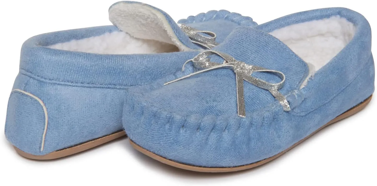Lucky Brand Girls Plush Glitter Bow Moccasin Slippers, Rubber Sole Indoor Outdoor House Shoes, Kids Bedroom Slipper Moccasins