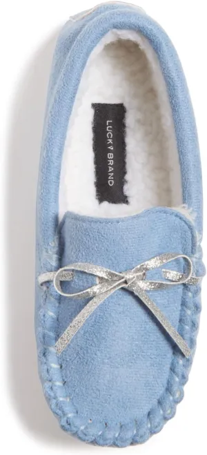 Lucky Brand Girls Plush Glitter Bow Moccasin Slippers, Rubber Sole Indoor Outdoor House Shoes, Kids Bedroom Slipper Moccasins