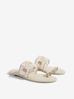 LUNA BLU Ivory Floral Embroidered Toe-Ring Sandals
