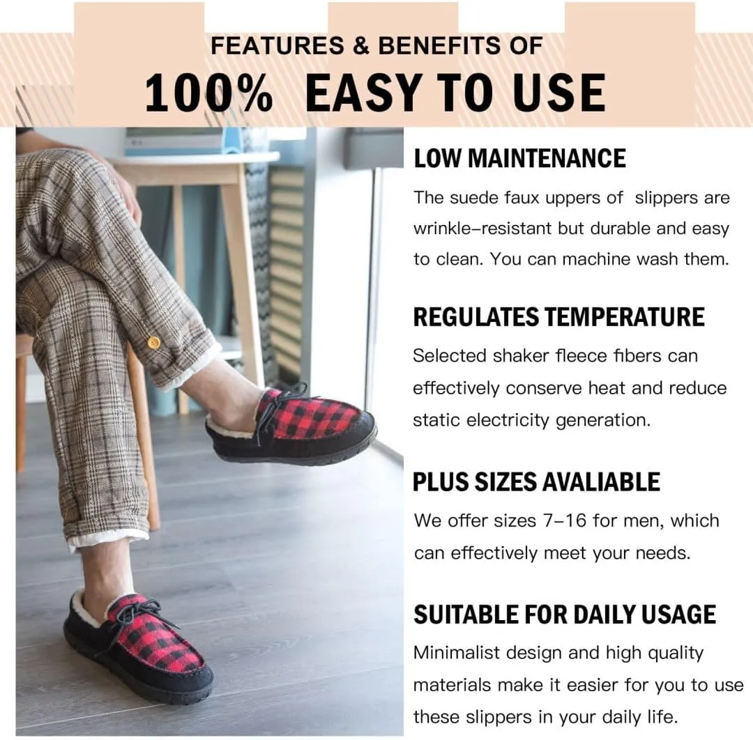 MAINCH Mens Moccasin Slippers with Memory Foam Insoles Warm Furry Lining Indoor Outdoor Size 7-16