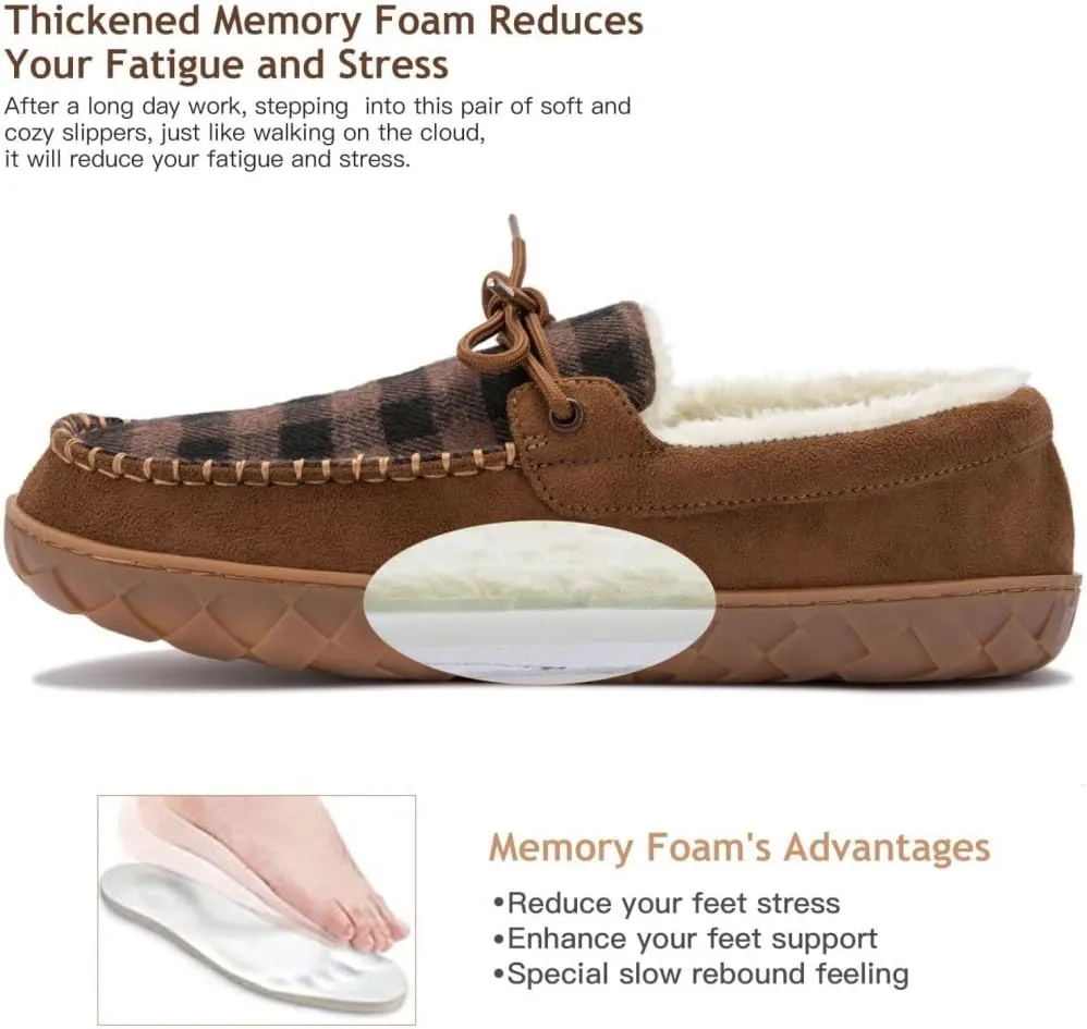 MAINCH Mens Moccasin Slippers with Memory Foam Insoles Warm Furry Lining Indoor Outdoor Size 7-16