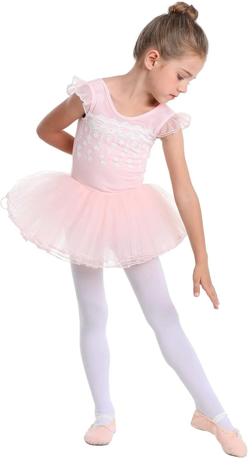 MdnMd Fly Short Sleeve Lace Dance Ballet Tutu Leotard Ballerina Outfit for Toddler Girls