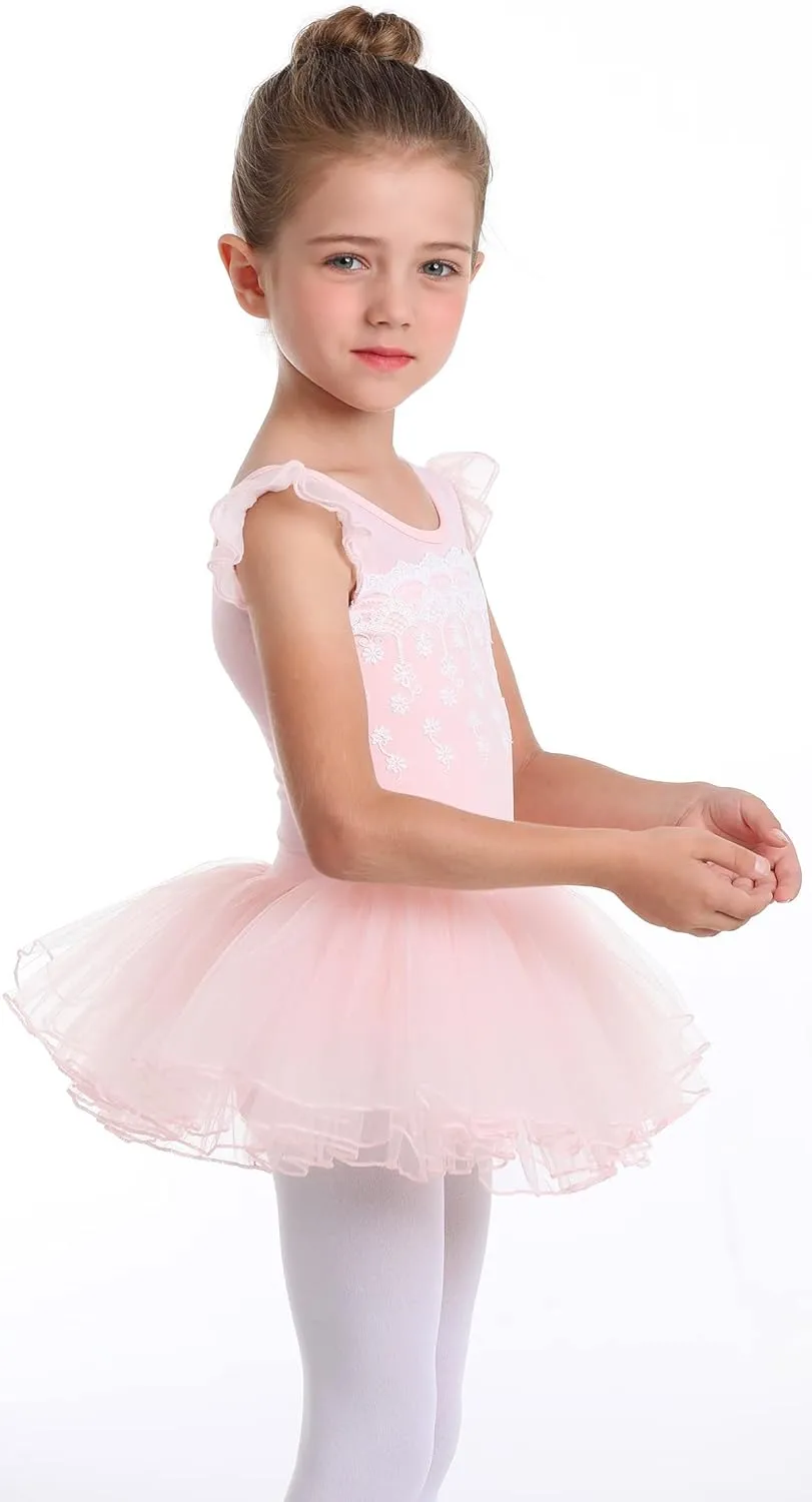 MdnMd Fly Short Sleeve Lace Dance Ballet Tutu Leotard Ballerina Outfit for Toddler Girls