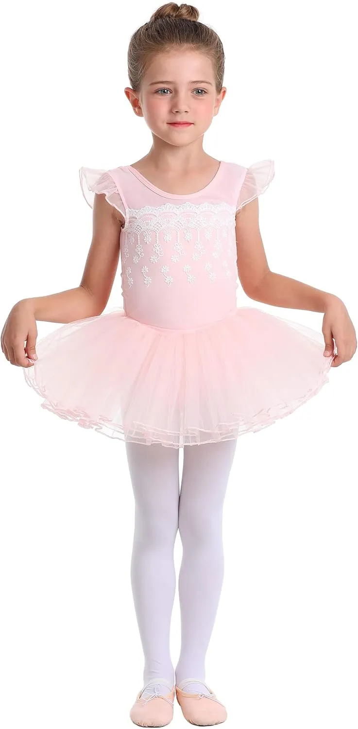 MdnMd Fly Short Sleeve Lace Dance Ballet Tutu Leotard Ballerina Outfit for Toddler Girls