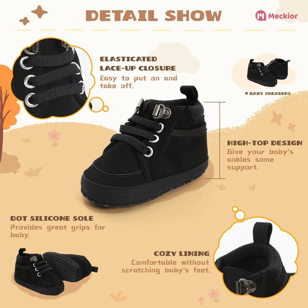 Meckior Toddler Baby Boys Girls High Tops Ankle Sneakers Soft Anti-Slip Sole PU Leather Moccasins Infant Newborn Prewalker First Walking Crib Shoes