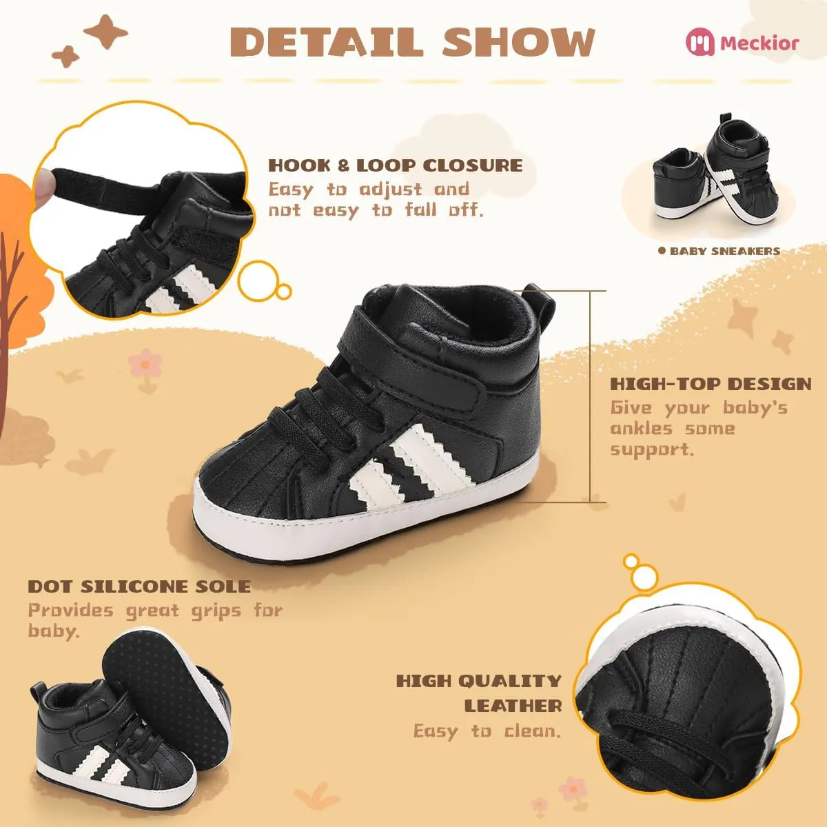Meckior Toddler Baby Boys Girls High Tops Ankle Sneakers Soft Anti-Slip Sole PU Leather Moccasins Infant Newborn Prewalker First Walking Crib Shoes