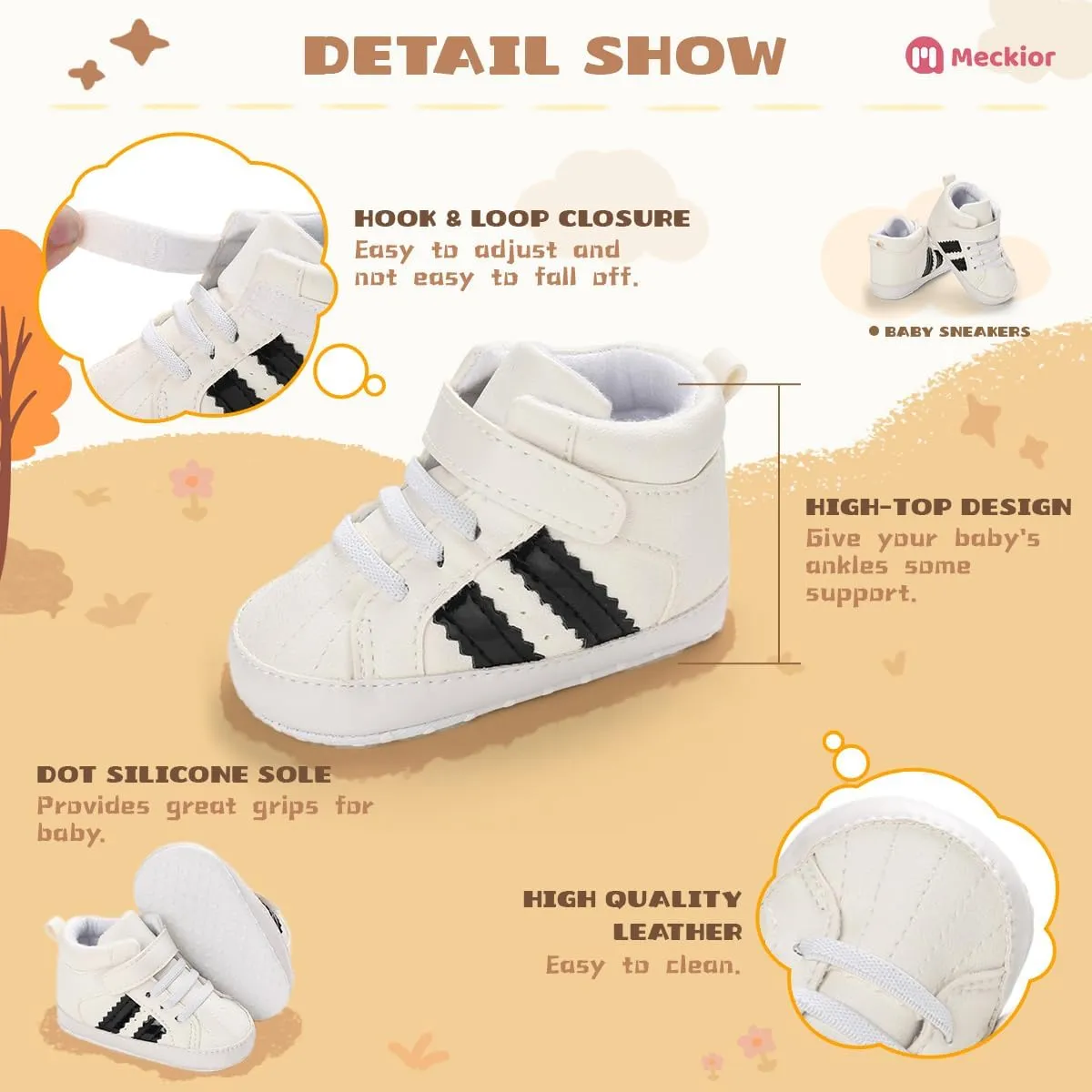 Meckior Toddler Baby Boys Girls High Tops Ankle Sneakers Soft Anti-Slip Sole PU Leather Moccasins Infant Newborn Prewalker First Walking Crib Shoes