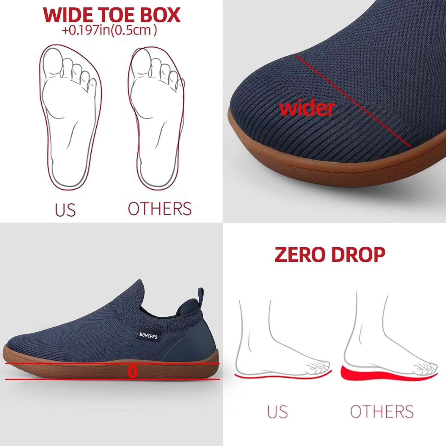 Men's Barefoot Shoes Minimalist Slip on Cross-Trainer Shoes Wide Toe Walking Shoes Zero Drop Sole Trail Running Sneakers Gym Workout Casual