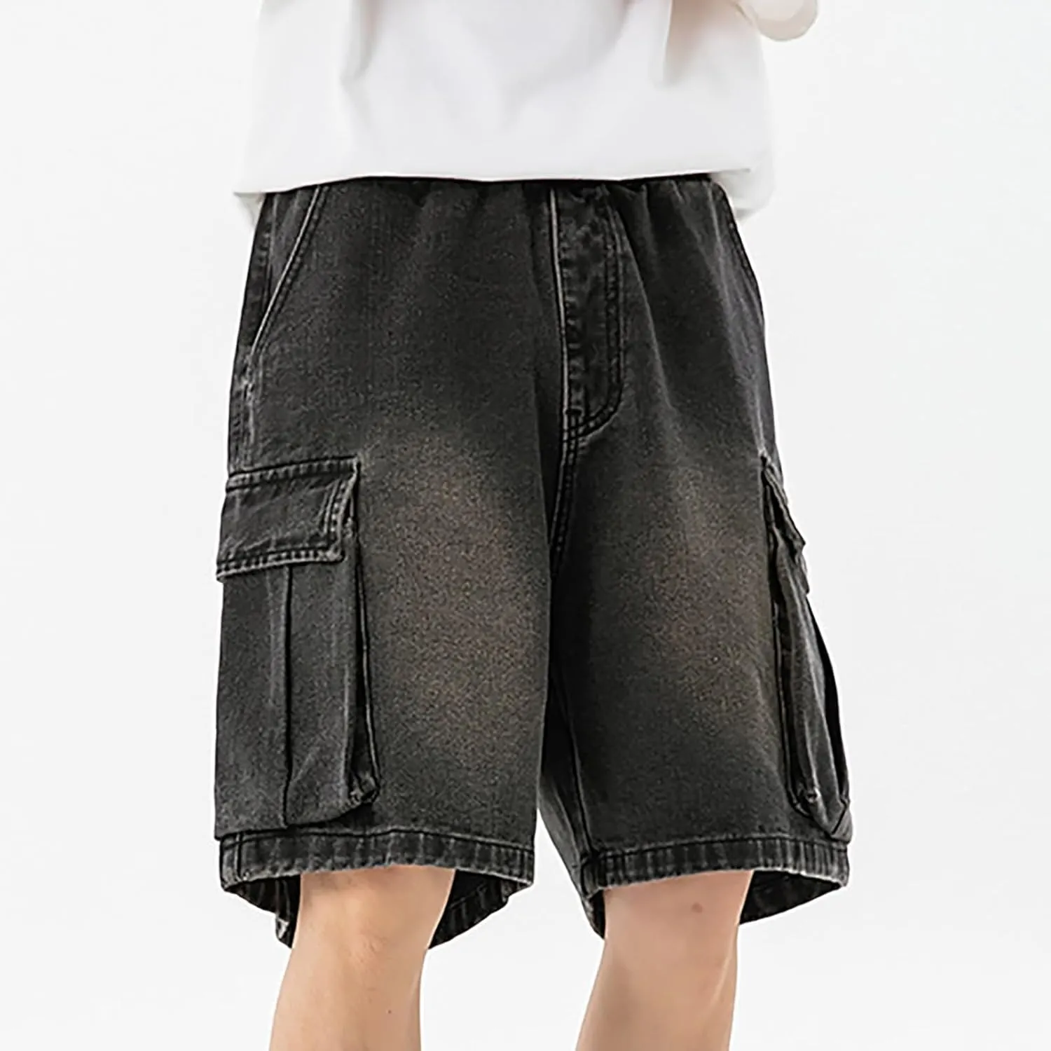 Mens Loose Fit Hip Hop Cropped Jean Shorts Work Denim Shorts with Pockets Skateboard Pants Streetwear Clothes