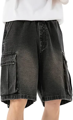 Mens Loose Fit Hip Hop Cropped Jean Shorts Work Denim Shorts with Pockets Skateboard Pants Streetwear Clothes
