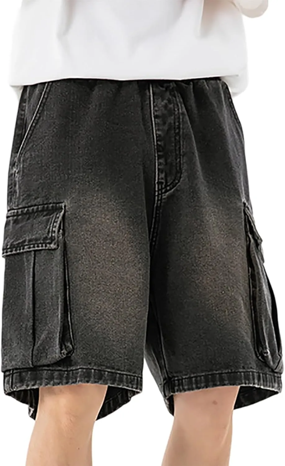 Mens Loose Fit Hip Hop Cropped Jean Shorts Work Denim Shorts with Pockets Skateboard Pants Streetwear Clothes