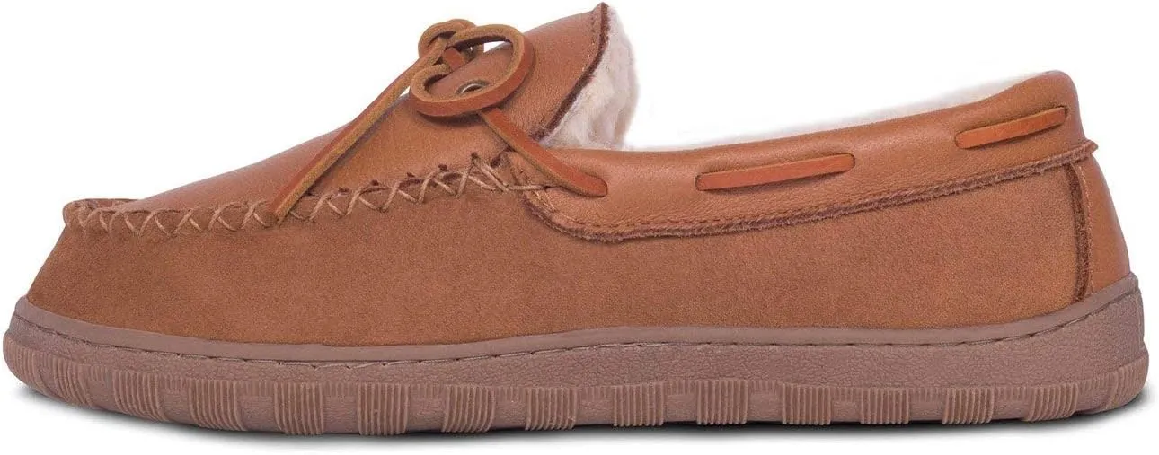 Men’s Moccasin - Genuine Sheepskin and Cowhide Suede Moccasin Slippers for Men Indoor Outdoor Chestnut