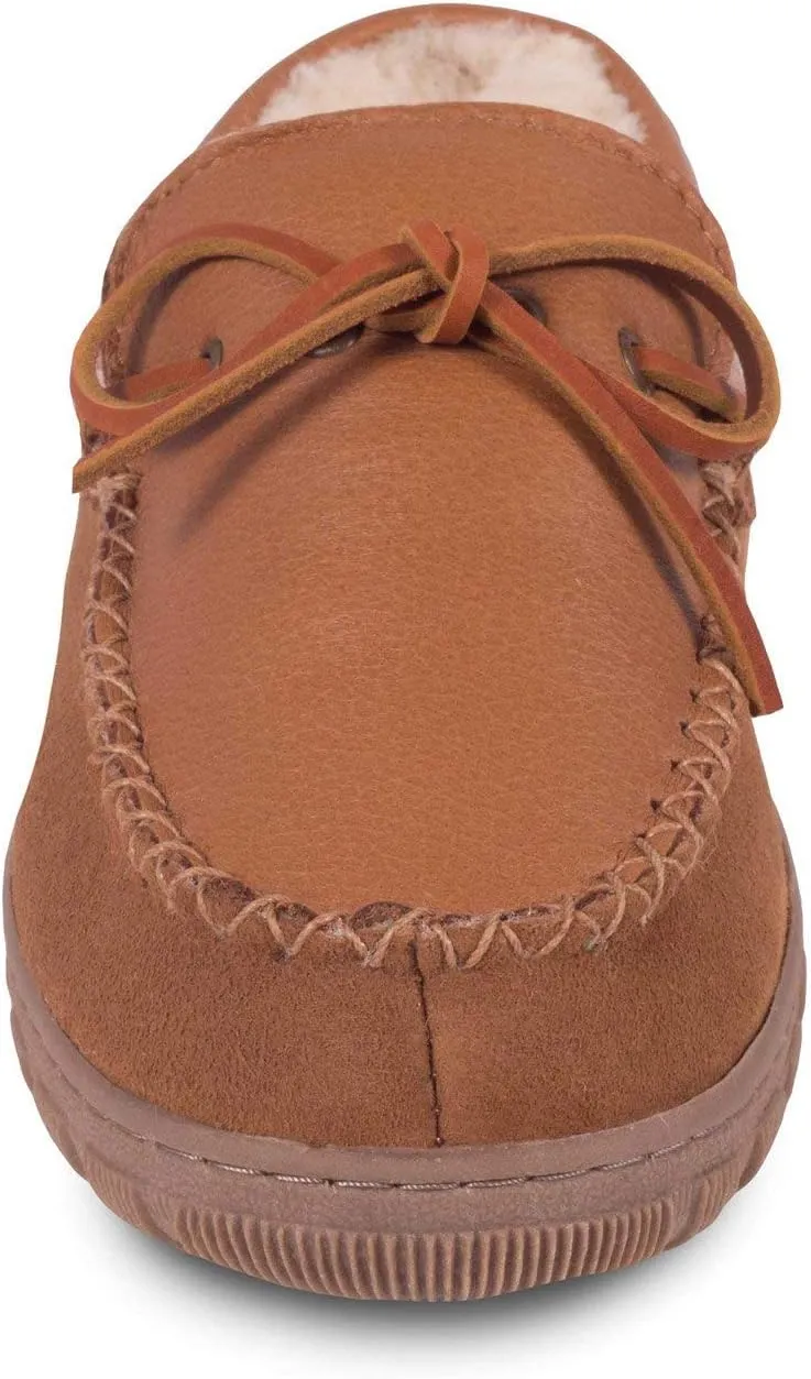 Men’s Moccasin - Genuine Sheepskin and Cowhide Suede Moccasin Slippers for Men Indoor Outdoor Chestnut