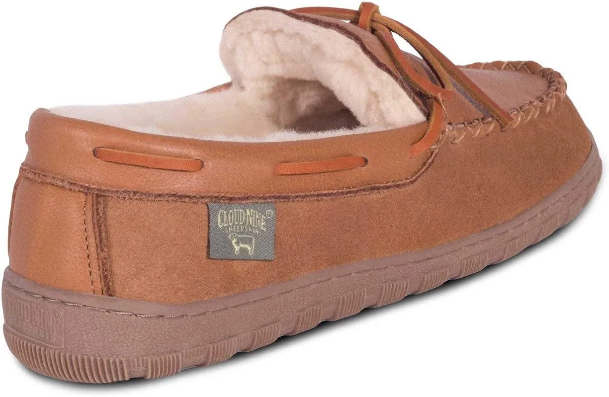 Men’s Moccasin - Genuine Sheepskin and Cowhide Suede Moccasin Slippers for Men Indoor Outdoor Chestnut