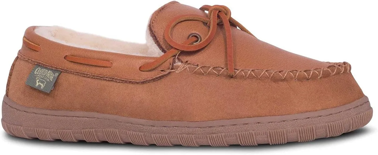 Men’s Moccasin - Genuine Sheepskin and Cowhide Suede Moccasin Slippers for Men Indoor Outdoor Chestnut