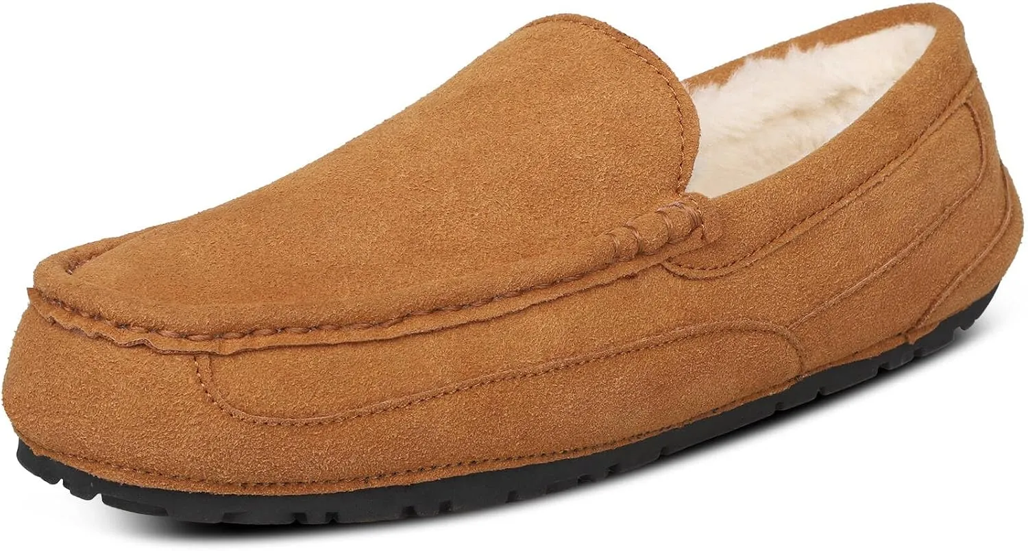 Mens Moccasin Slippers House Slippers for Men Slip-On Mens Loafers Breathable Suede Cozy Fur Lined Loafers for Men for Indoor & Outdoor