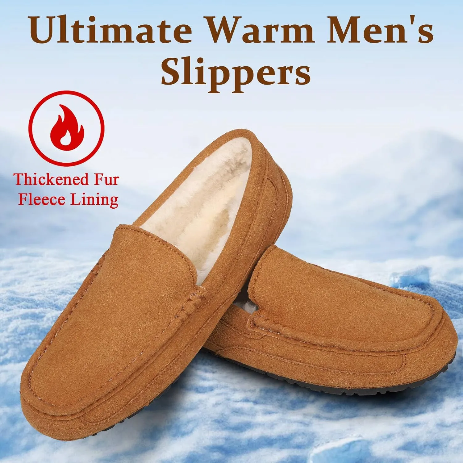 Mens Moccasin Slippers House Slippers for Men Slip-On Mens Loafers Breathable Suede Cozy Fur Lined Loafers for Men for Indoor & Outdoor
