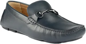 Men's Navy Leather Driving Loafers with Metal Bit, Slip-On Moccasin Style, Comfort Sole