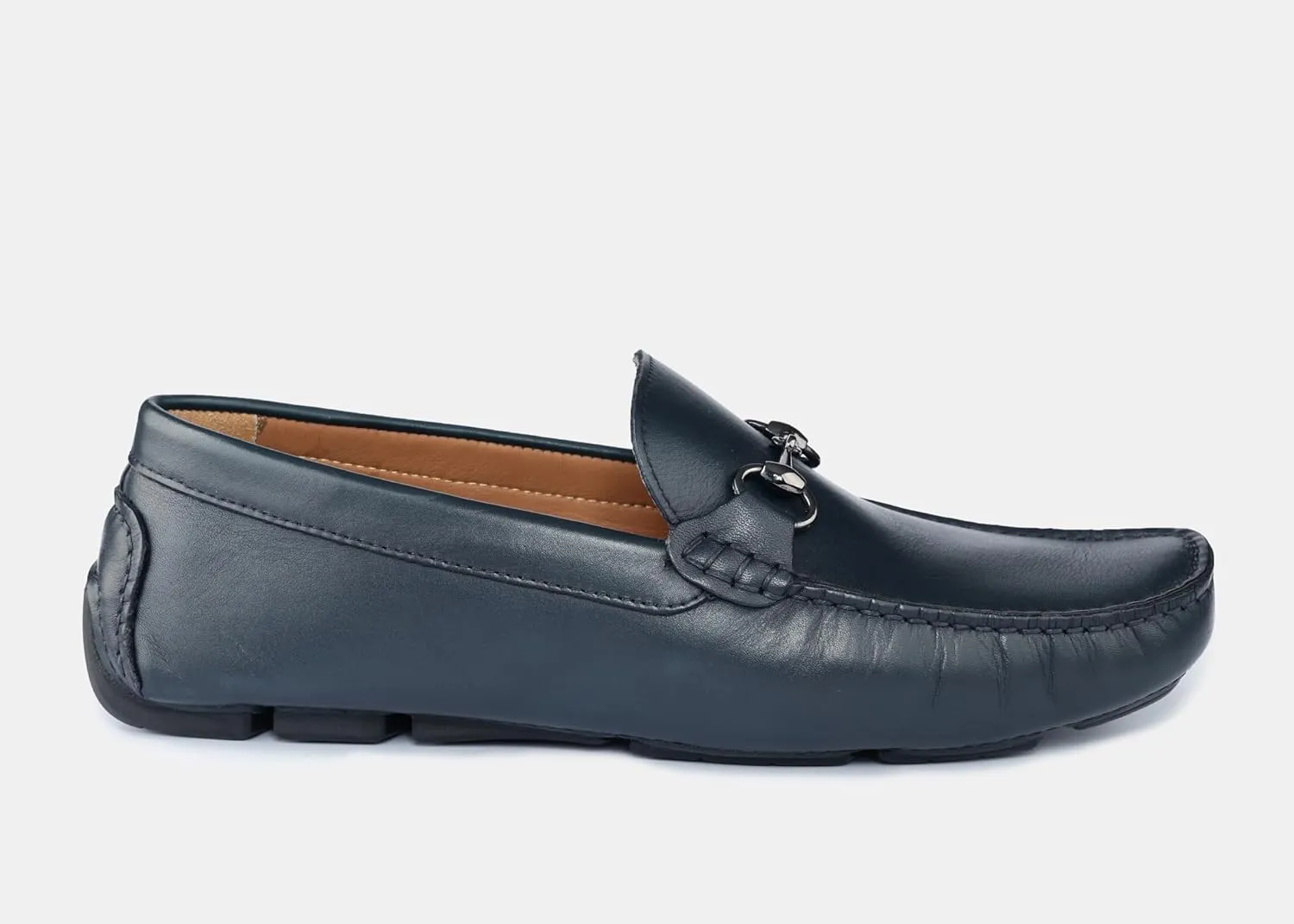 Men's Navy Leather Driving Loafers with Metal Bit, Slip-On Moccasin Style, Comfort Sole