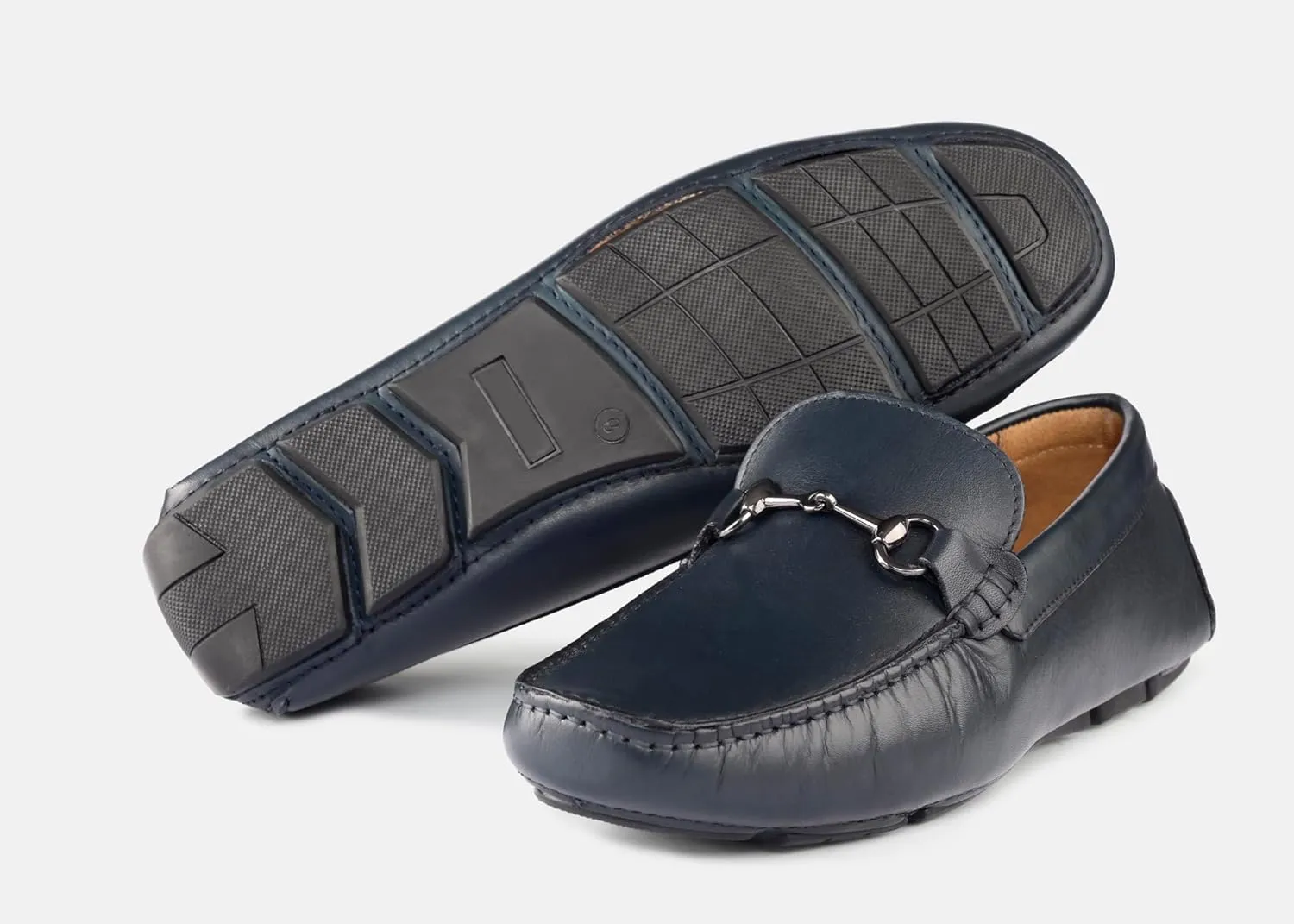 Men's Navy Leather Driving Loafers with Metal Bit, Slip-On Moccasin Style, Comfort Sole