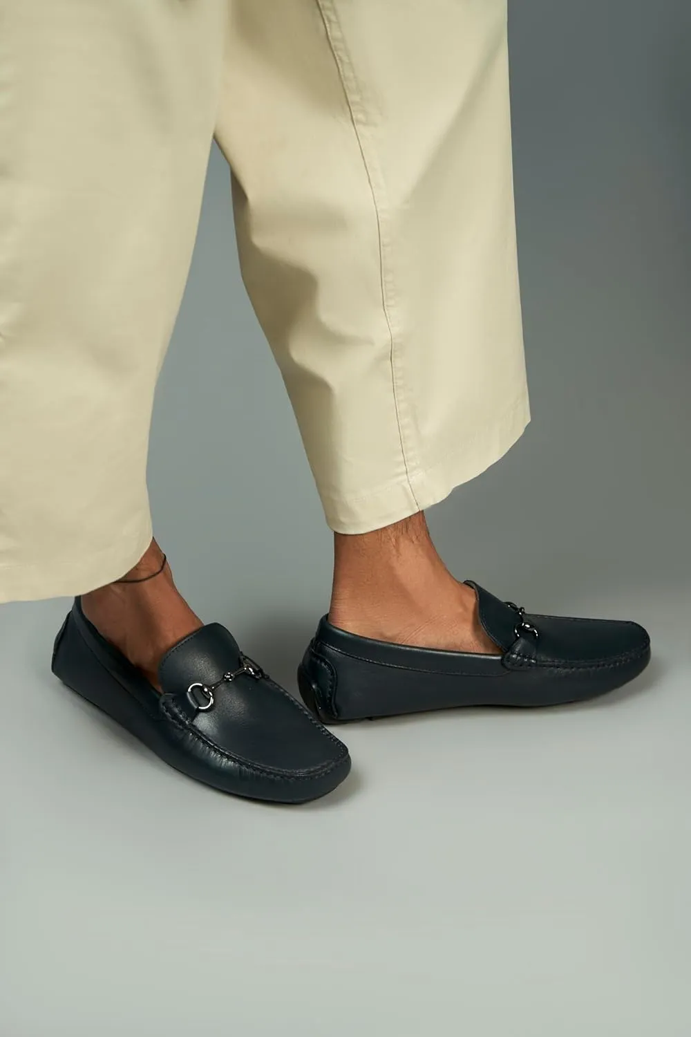Men's Navy Leather Driving Loafers with Metal Bit, Slip-On Moccasin Style, Comfort Sole
