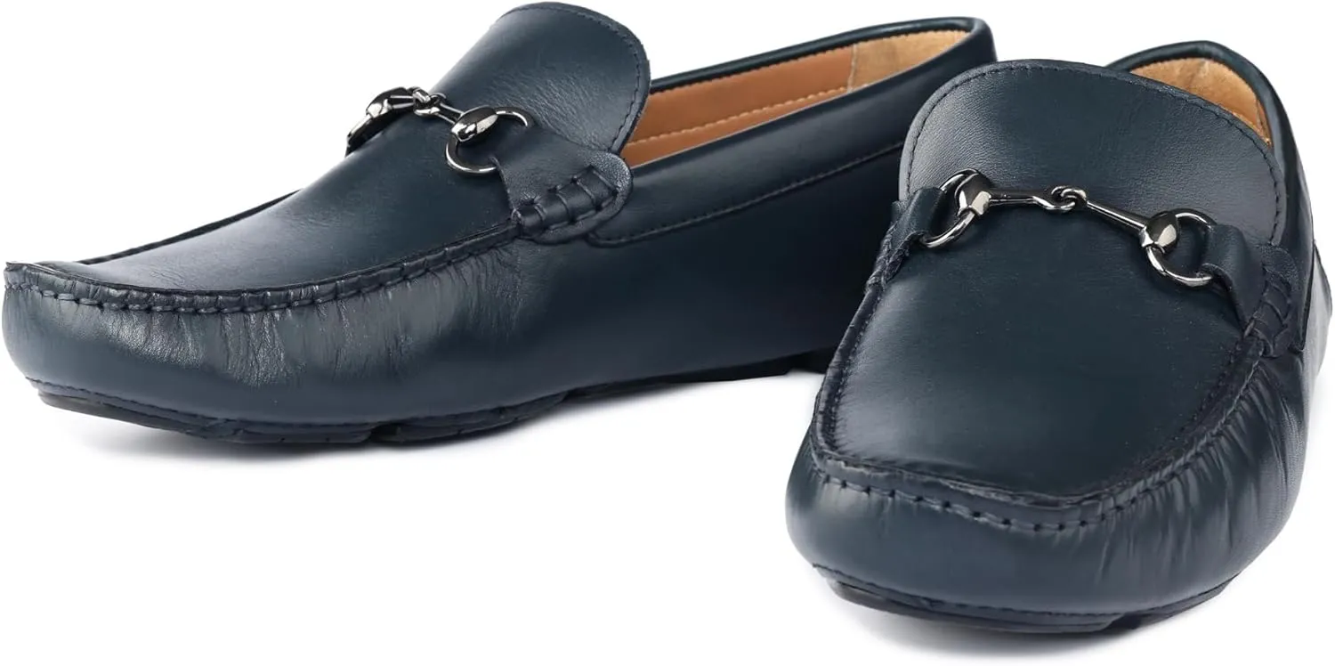 Men's Navy Leather Driving Loafers with Metal Bit, Slip-On Moccasin Style, Comfort Sole