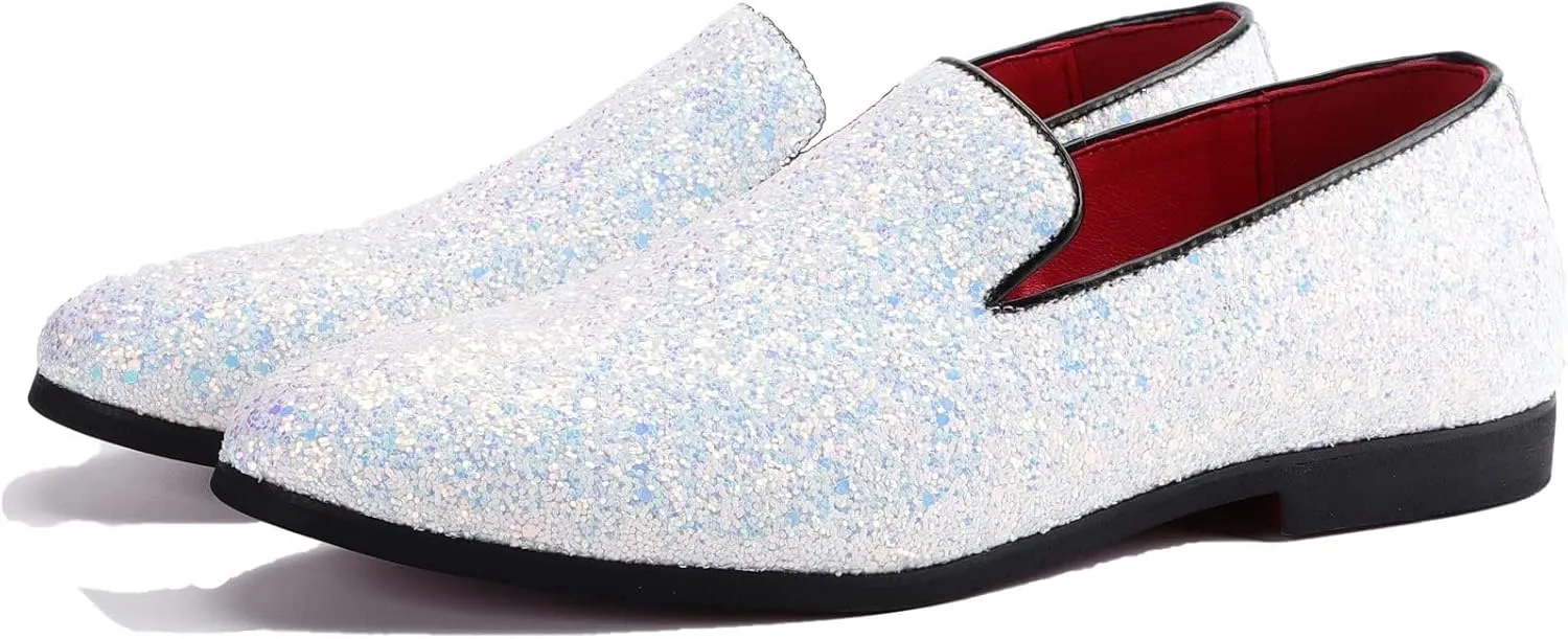 Mens Smoking Sparkling Slipper Metallic Sequins Textured Glitter Tuxedo Slip-on Prom Loafers Luxury Wedding Dress Shoes
