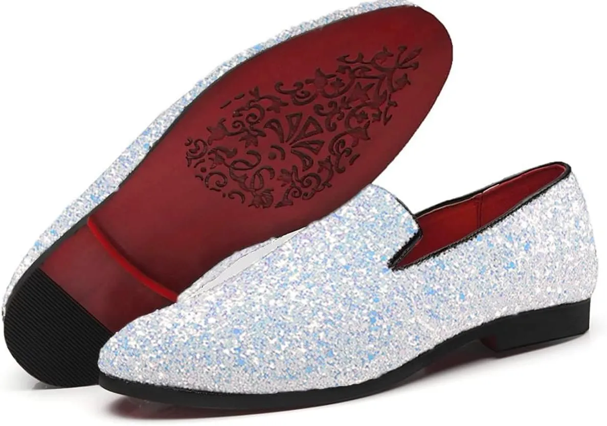 Mens Smoking Sparkling Slipper Metallic Sequins Textured Glitter Tuxedo Slip-on Prom Loafers Luxury Wedding Dress Shoes