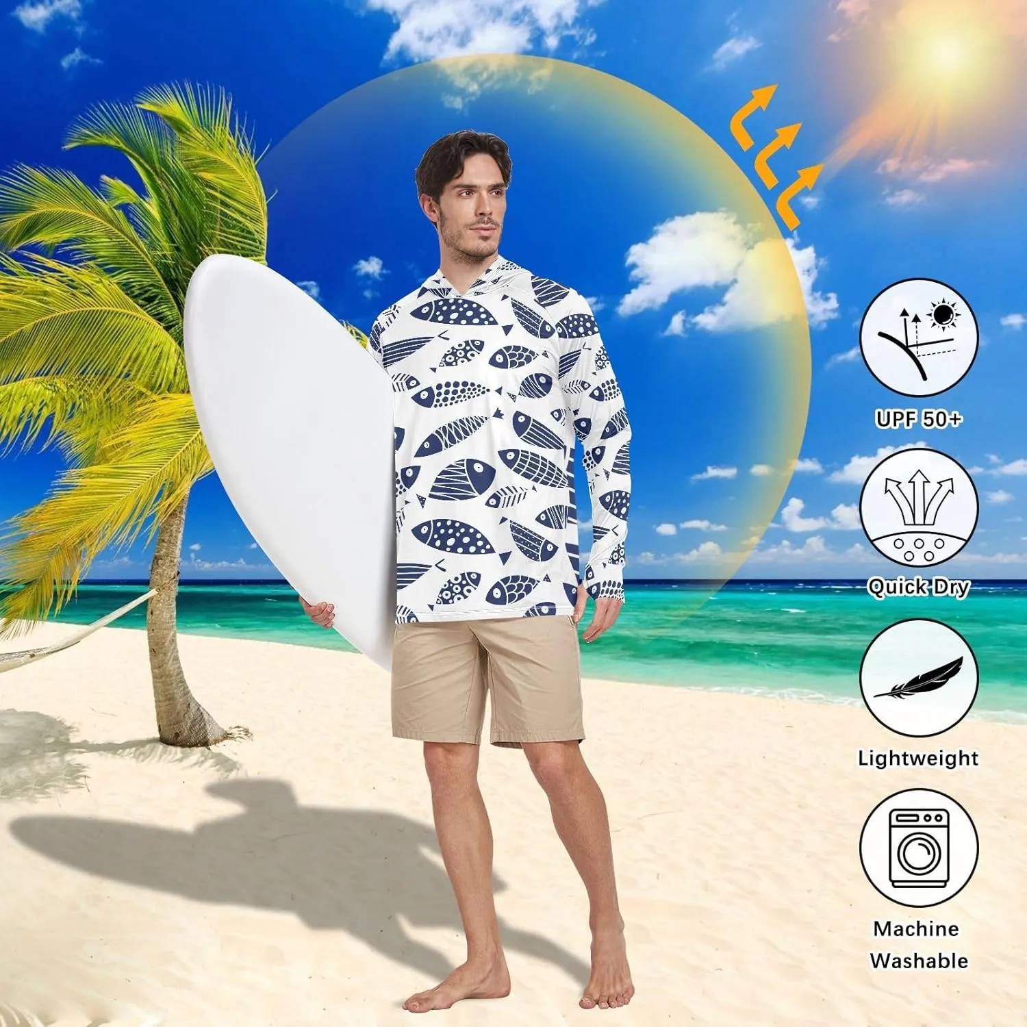 Men's UPF 50  Sun Protection Hoodie Shirt Long Sleeves SPF UV T-Shirt Rash Guard Fishing Outdoor Lightweight Shirt
