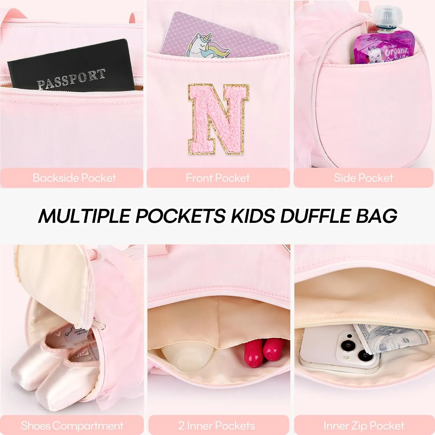 mibasies Dance Bag for Girls 6-8: Kids Duffle Bag - Ballet Bags for Girls 6-8 - Personalized Letter Girls Gifts Medium Pink N