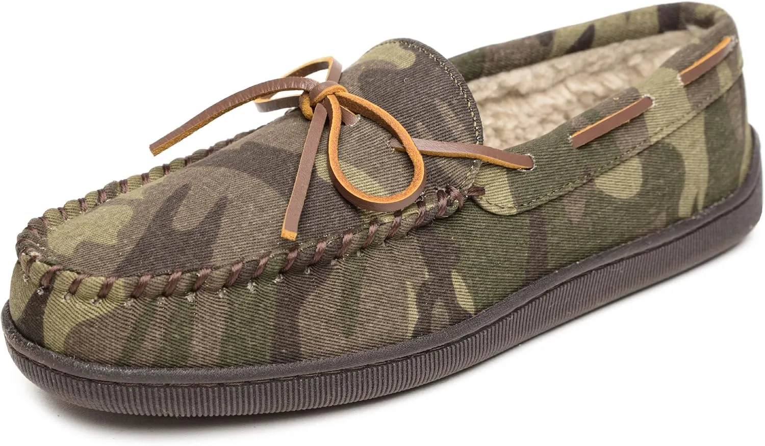 Minnetonka Hardsole Pile-Lined Moccasin Slippers for Children, Green Camo Print, 2 M