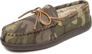 Minnetonka Hardsole Pile-Lined Moccasin Slippers for Children, Green Camo Print, 2 M