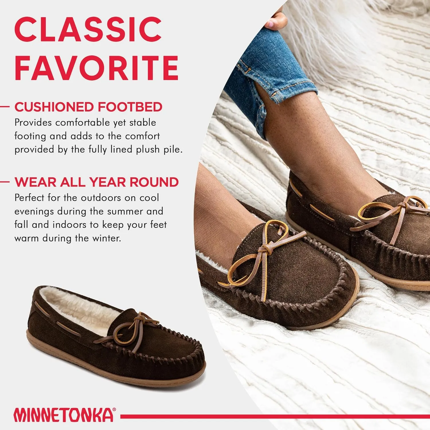 Minnetonka Women’s Camp Tie Moc — Cozy, Suede Moccasin Slippers for Women with Plush Pile Lining, Cushioned Footbed, and Durable Sole for Indoor & Outdoor Comfort